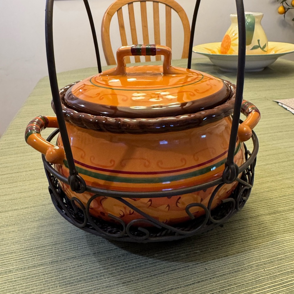 Home Interiors Orange and Brown Ceramic Casserole Dish with Metal Stand